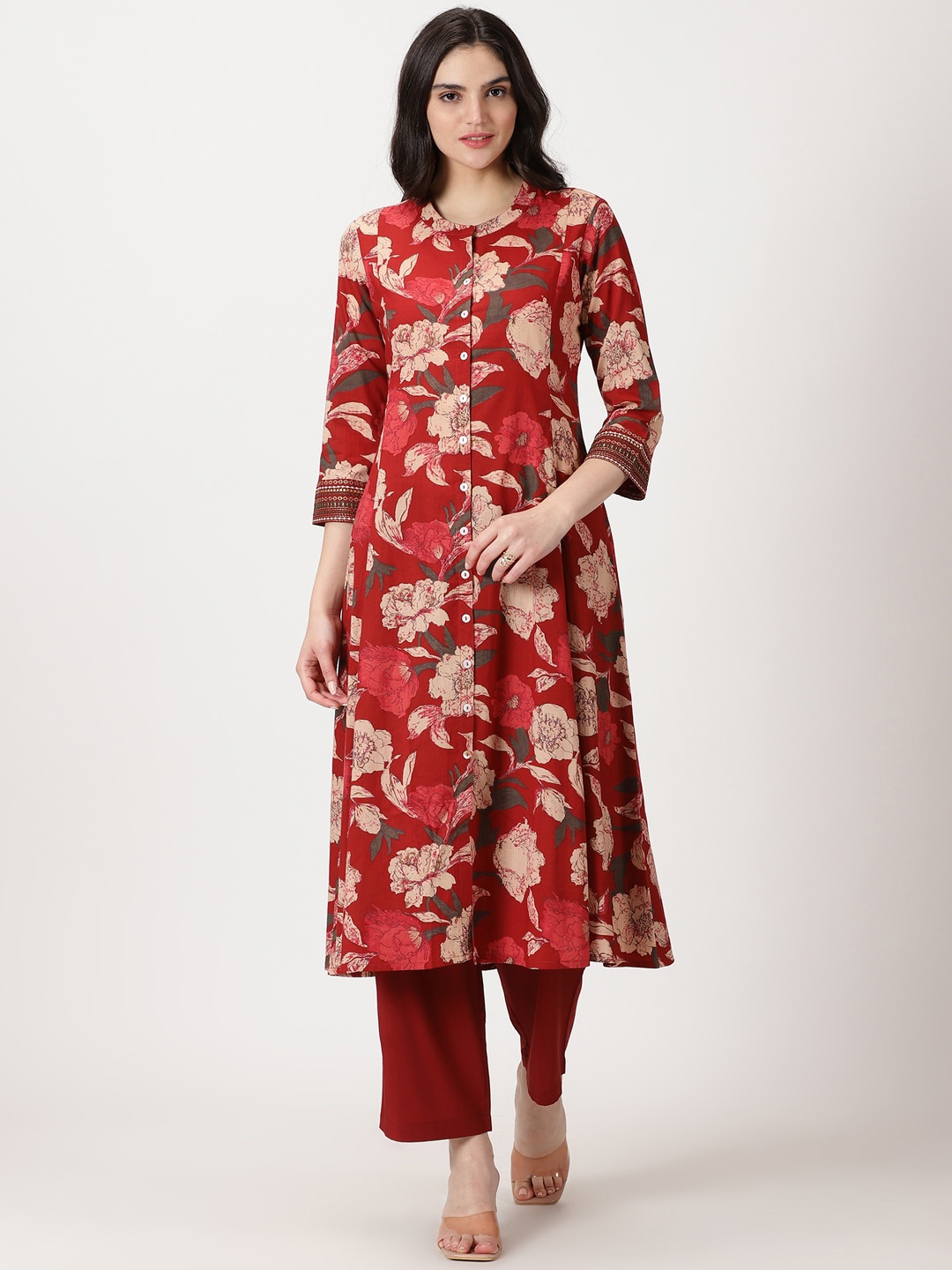 

Saffron Threads Floral Print Band Collar Kurta, Maroon