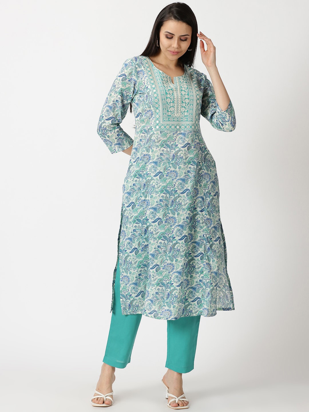 

Saffron Threads Floral Print Kurta with Yoke Embroidery, Sea green