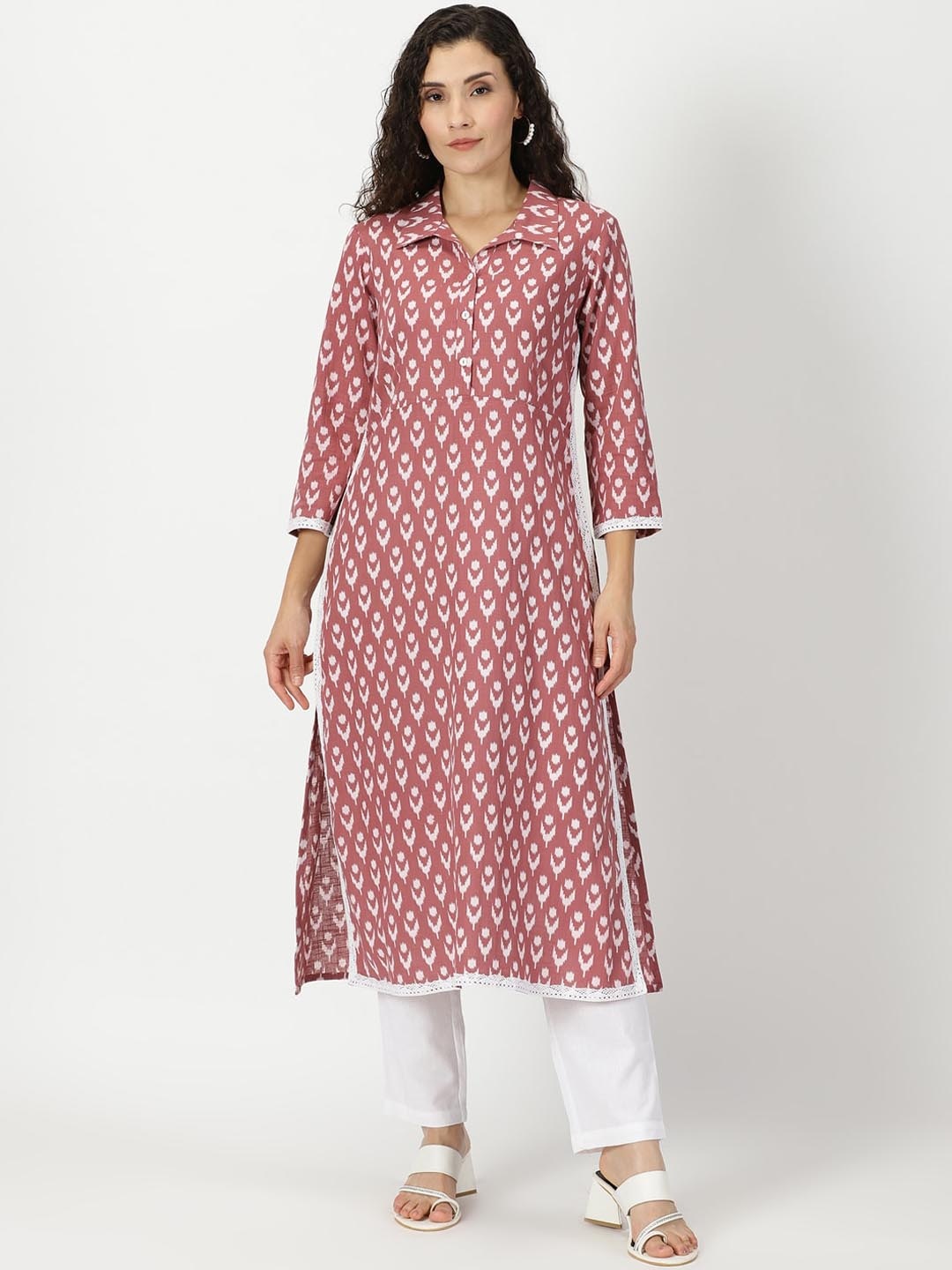 

Saffron Threads Ikat Print Shirt Collar Kurta, Pink