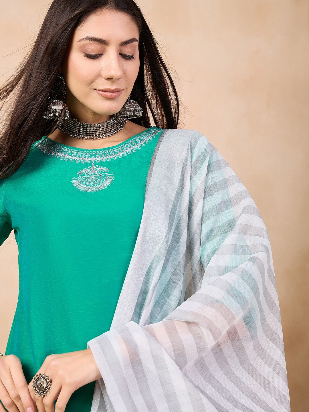 

Anouk Green Ethnic Motifs Yoke Design Thread Work Straight Kurta With Trousers & Dupatta