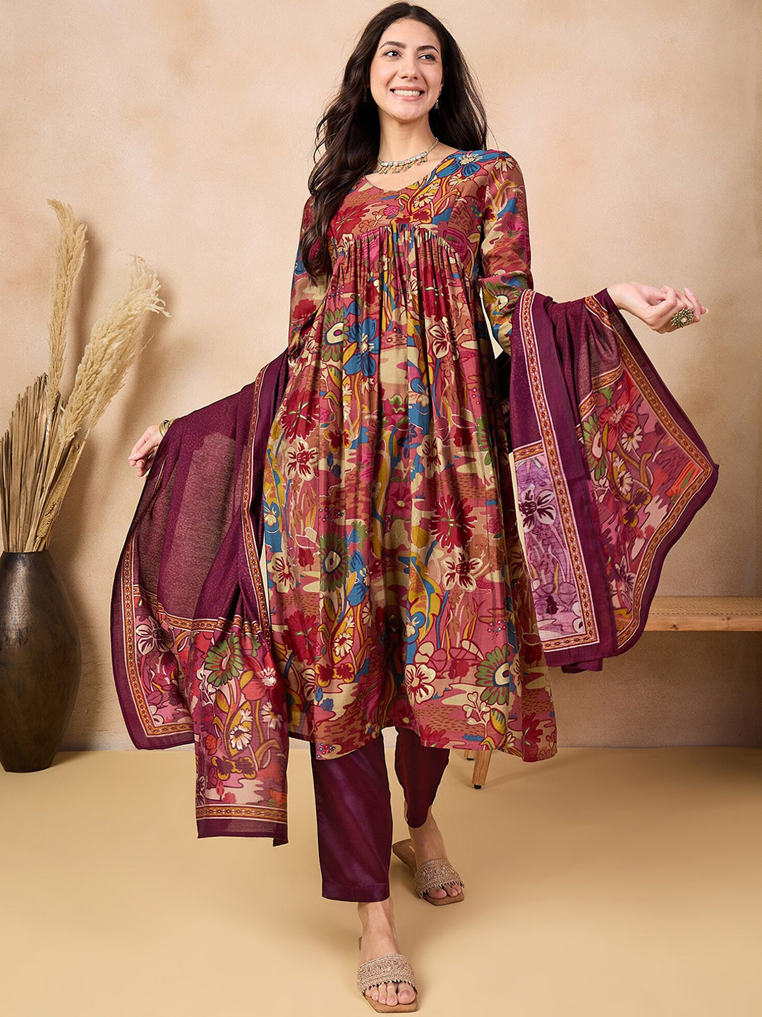 

Anouk Burgundy Floral Printed V-Neck Empire Kurta With Trousers & Dupatta