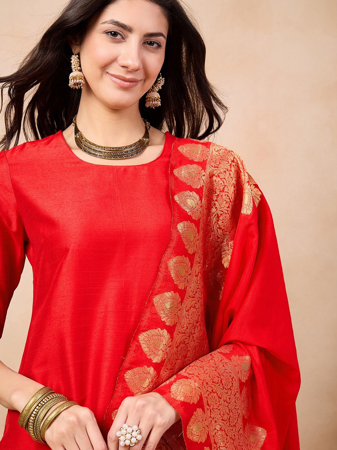 

Anouk Red Straight Kurta with Trousers & Dupatta