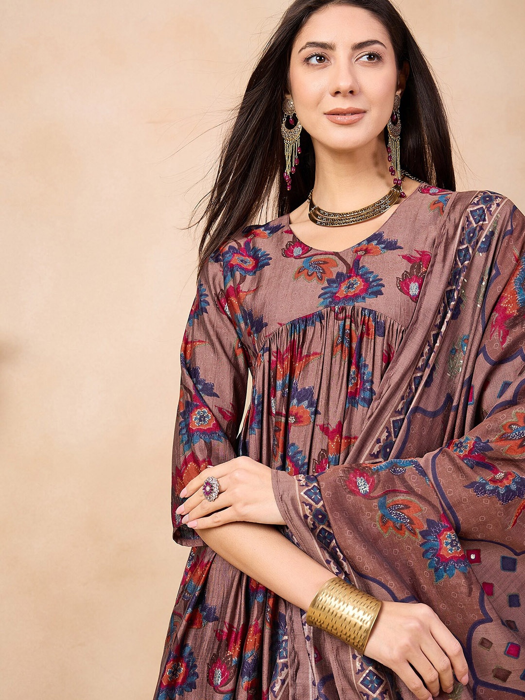 

Anouk Brown Floral Printed Empire Kurta With Trouser & Dupatta