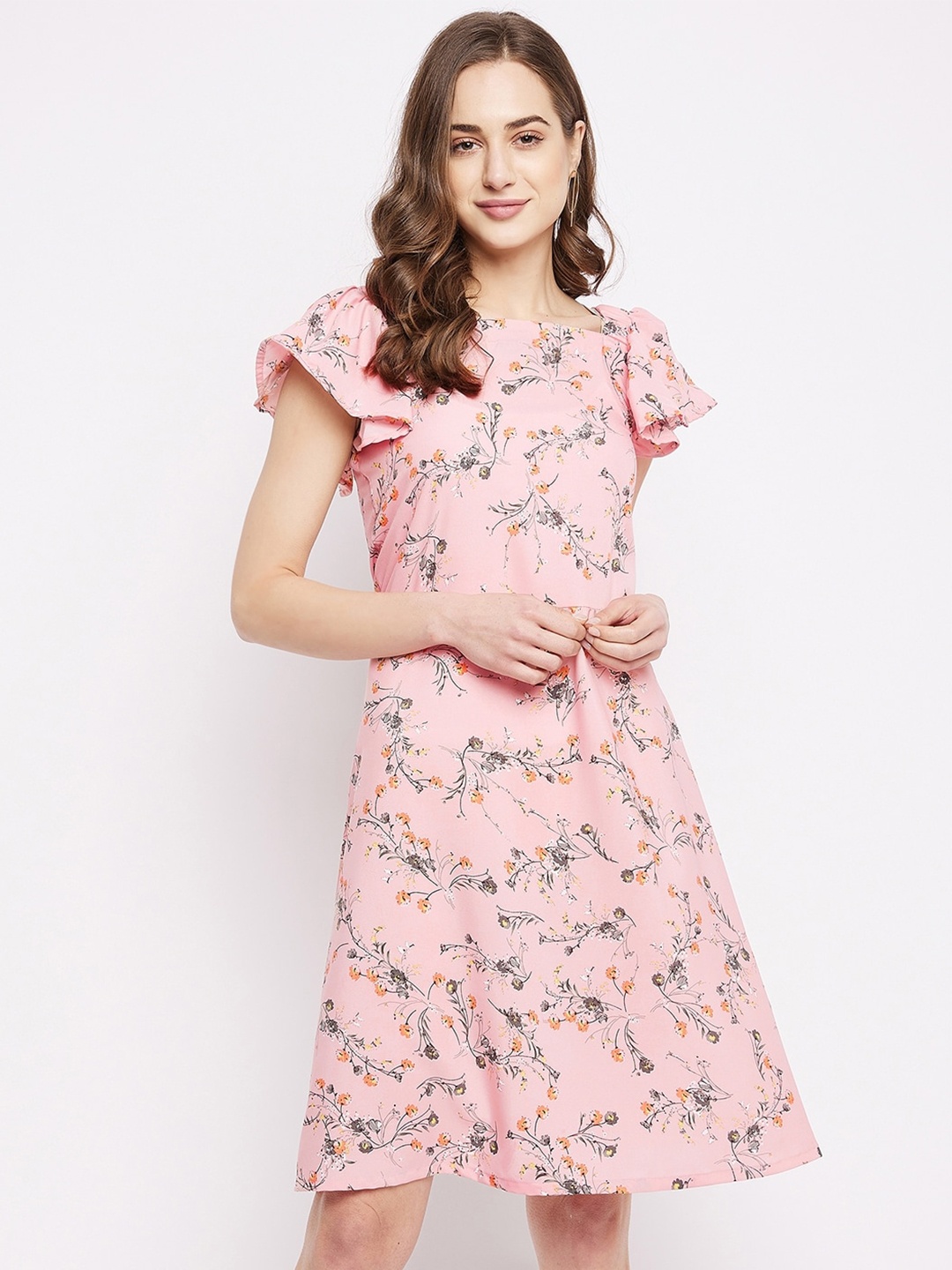 

THE PAJAMA FACTORY Floral Printed Flutter Sleeves Crepe A-Line Dress, Peach