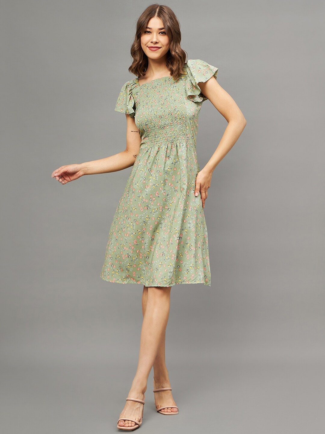 

THE PAJAMA FACTORY Floral Printed Smocked Flutter Sleeves A-Line Dress, Green