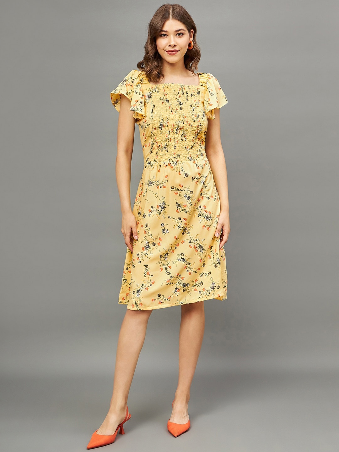 

THE PAJAMA FACTORY Floral Printed Flutter Sleeve Smocked A-Line Knee Length Dress, Yellow