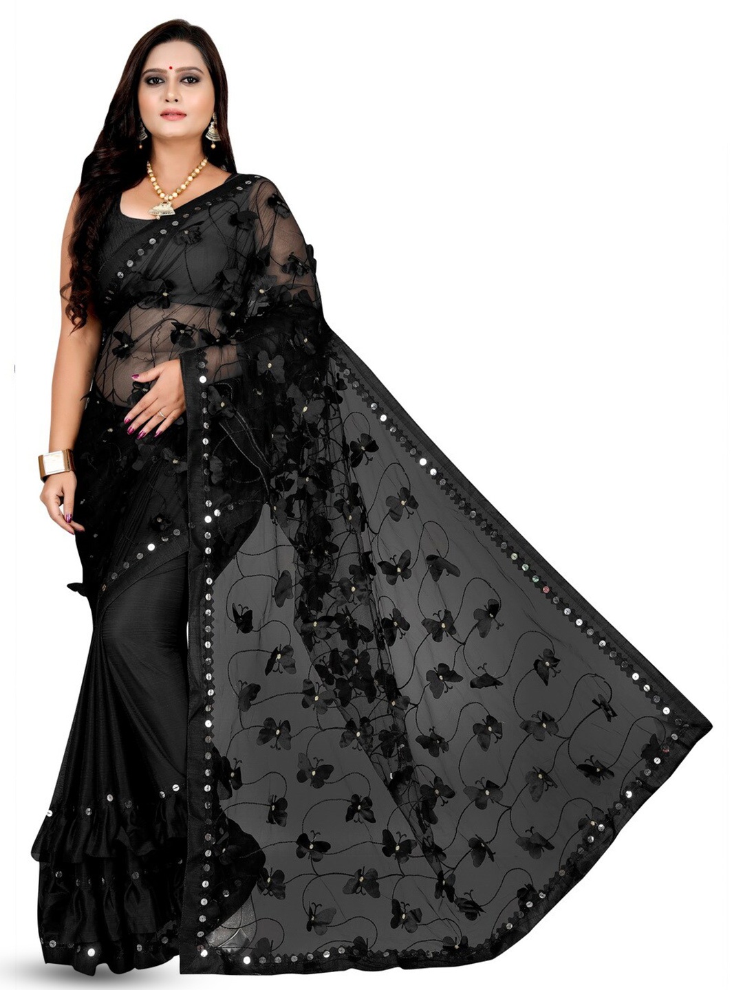 

vanraj creation Embellished Net Saree, Black