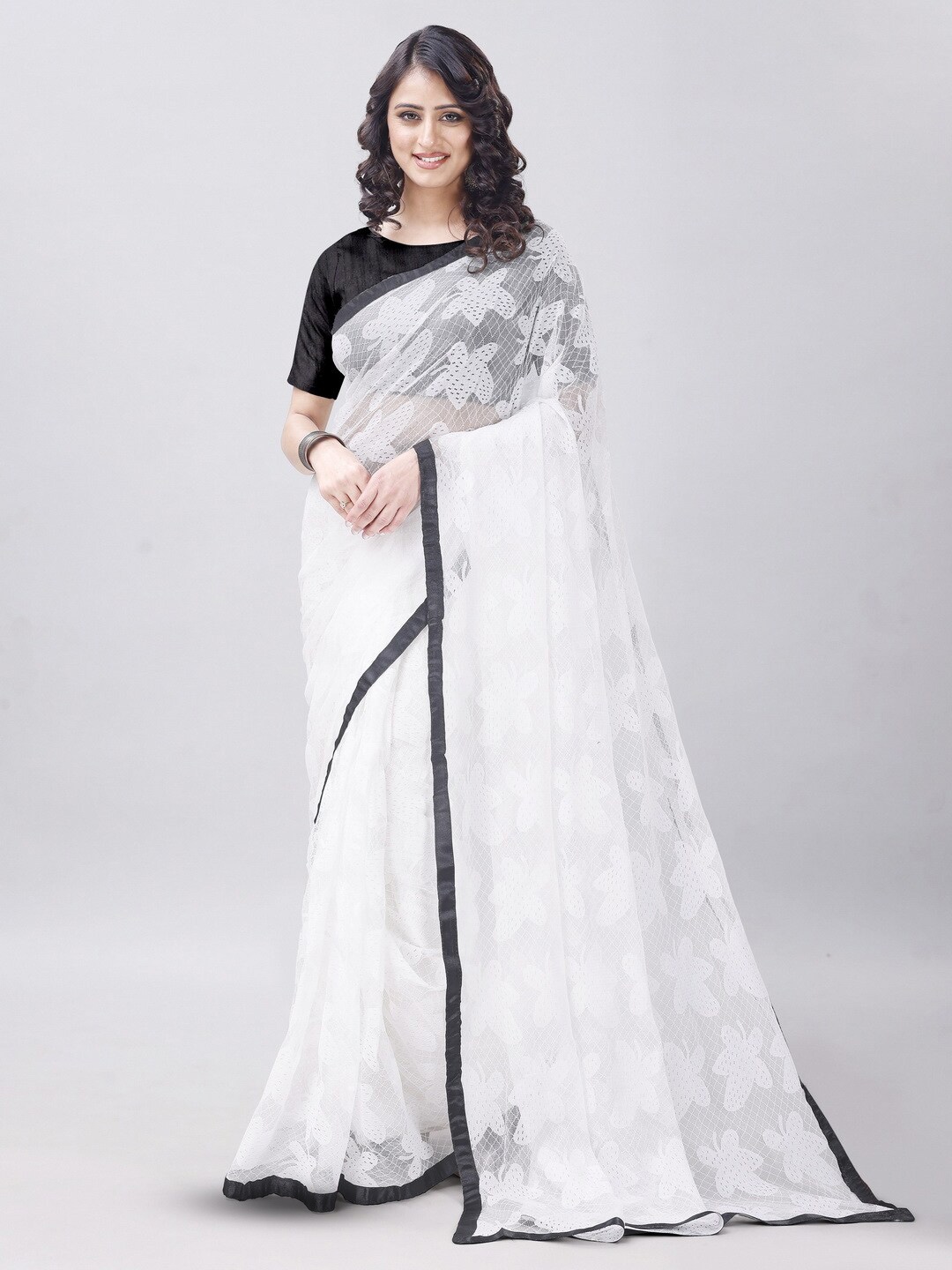 

vanraj creation Floral Printed Net Party Sarees, Black