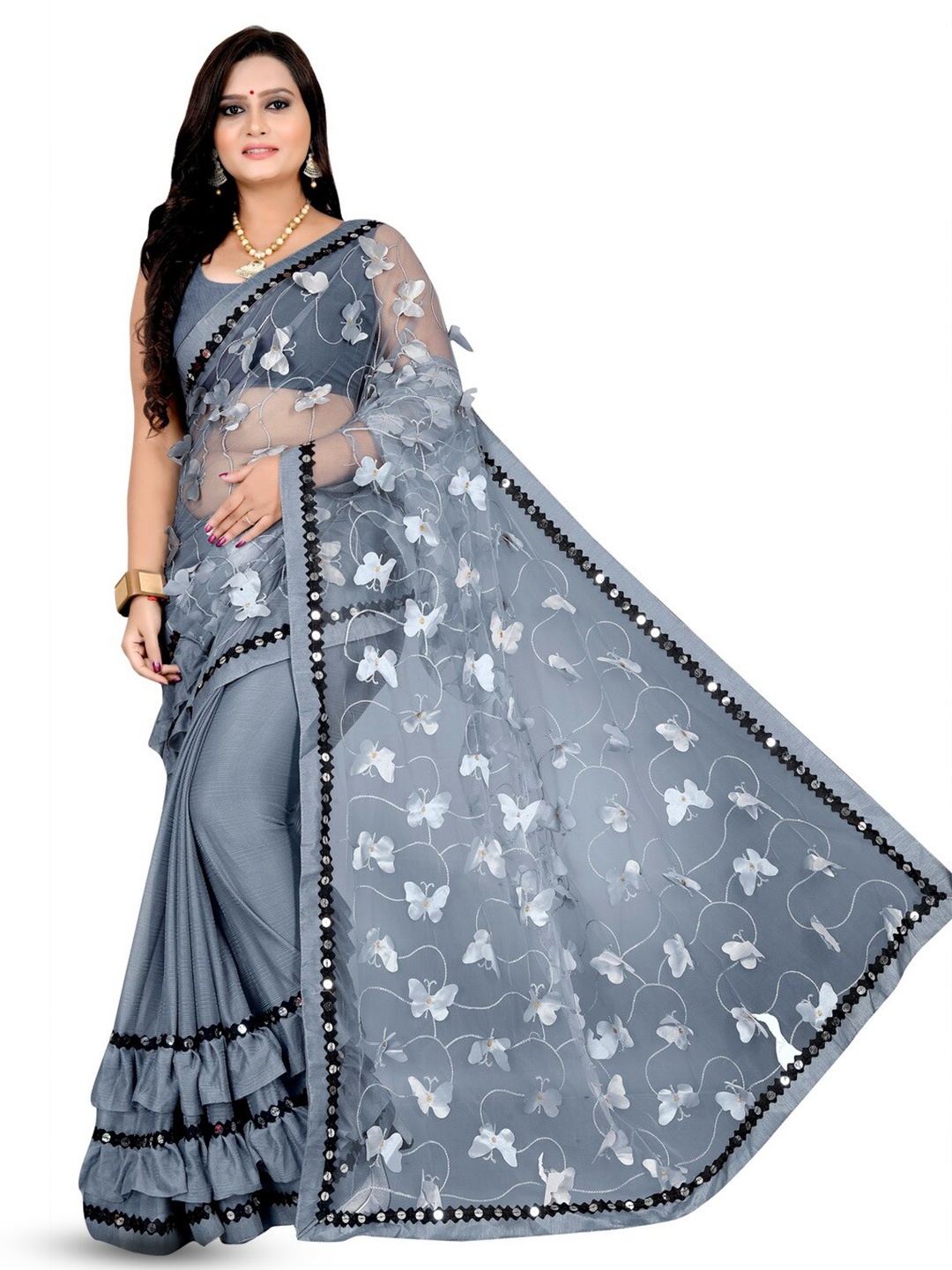 

vanraj creation Butterfly Embellished Net Sarees, Grey