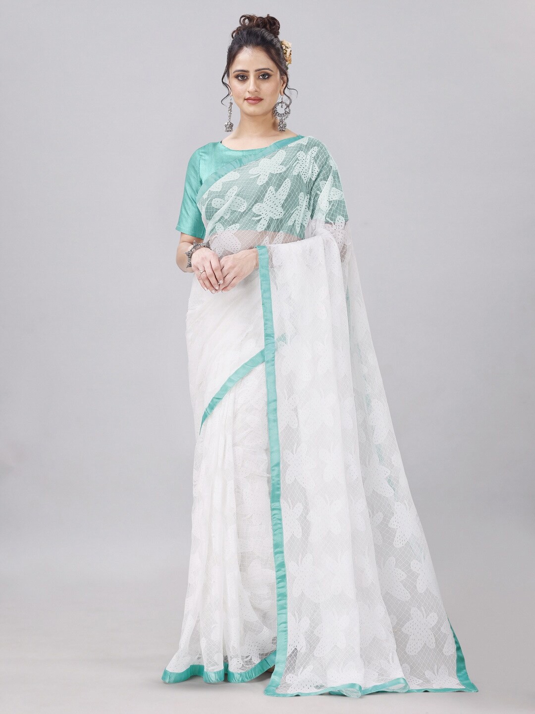 

vanraj creation Floral Embroidered Net Sarees, Green