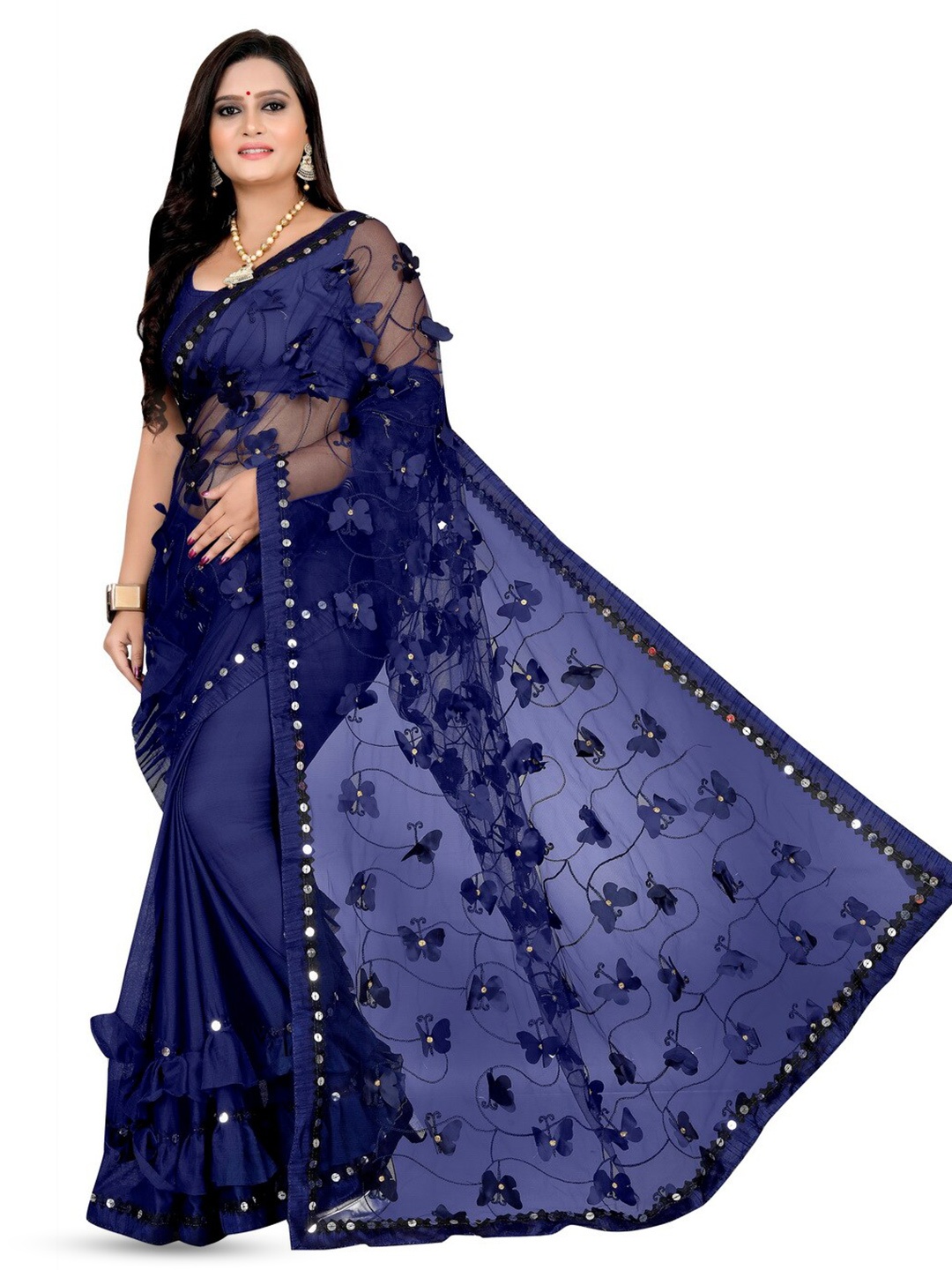 

vanraj creation Butterfly Embellished Net Party Sarees, Navy blue