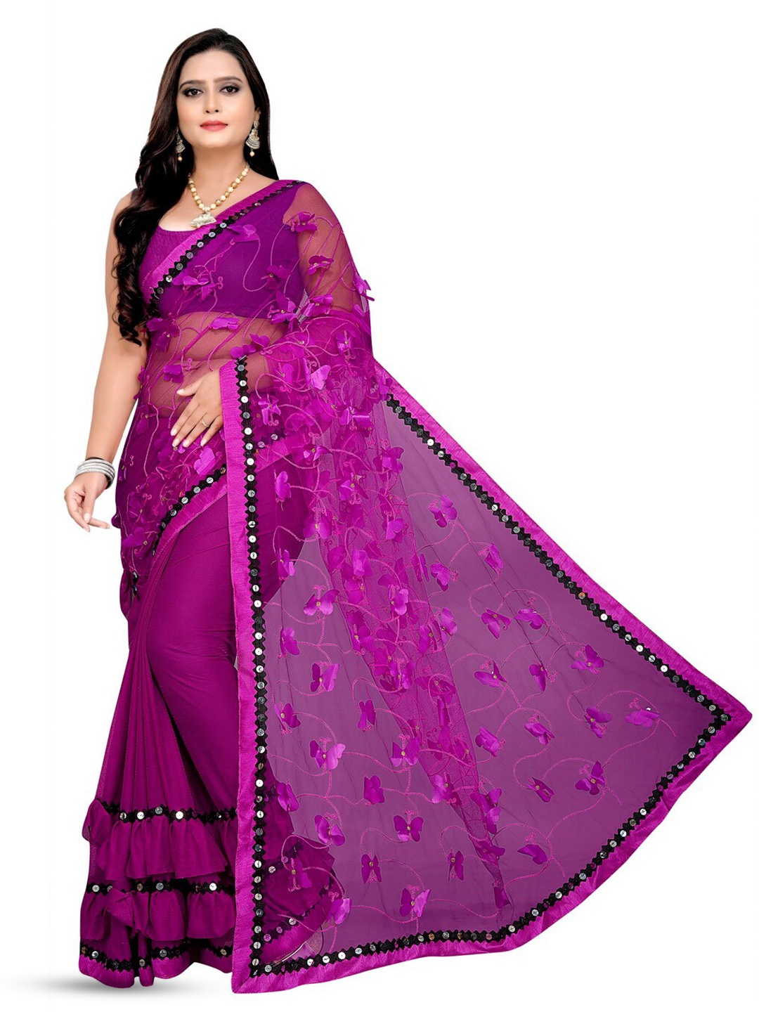 

vanraj creation Butterfly Net Embellished Sarees, Purple