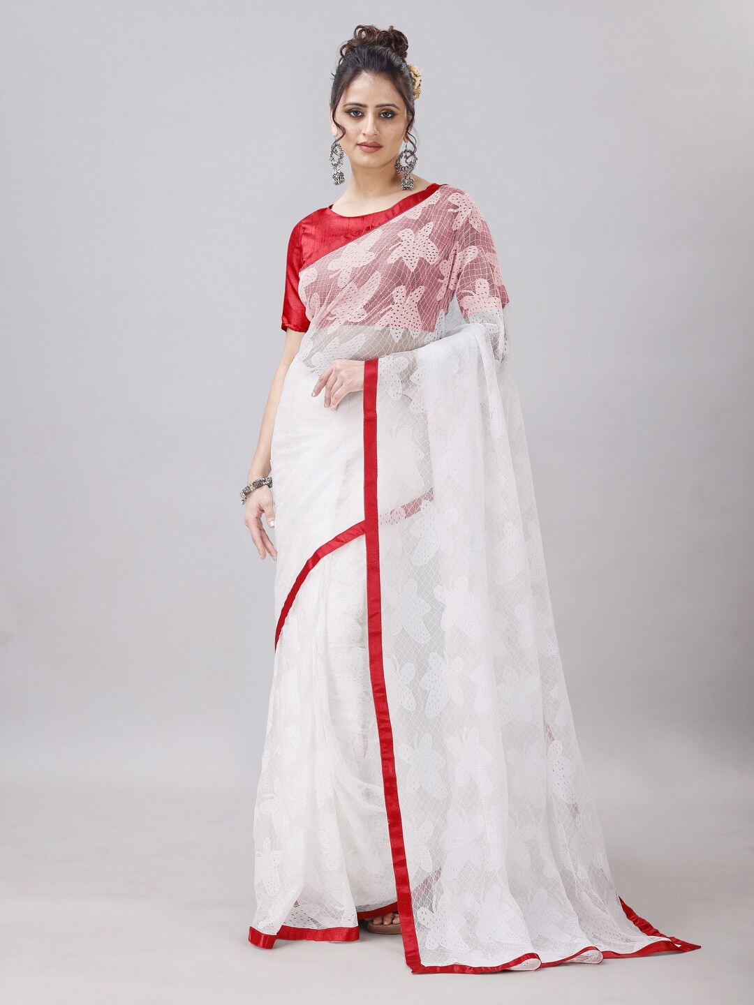 

vanraj creation Floral Embellished Net Sarees, Red