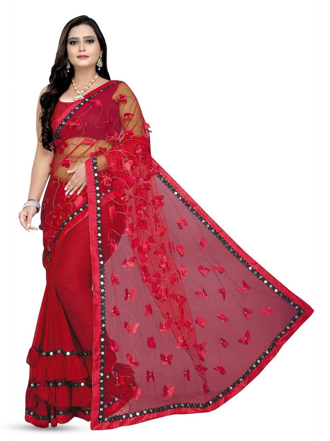 

vanraj creation Butterfly Embellished Net Party Sarees, Red