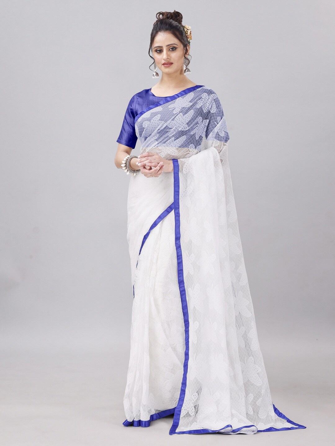 

vanraj creation Floral Embellished Net Party Sarees, Blue