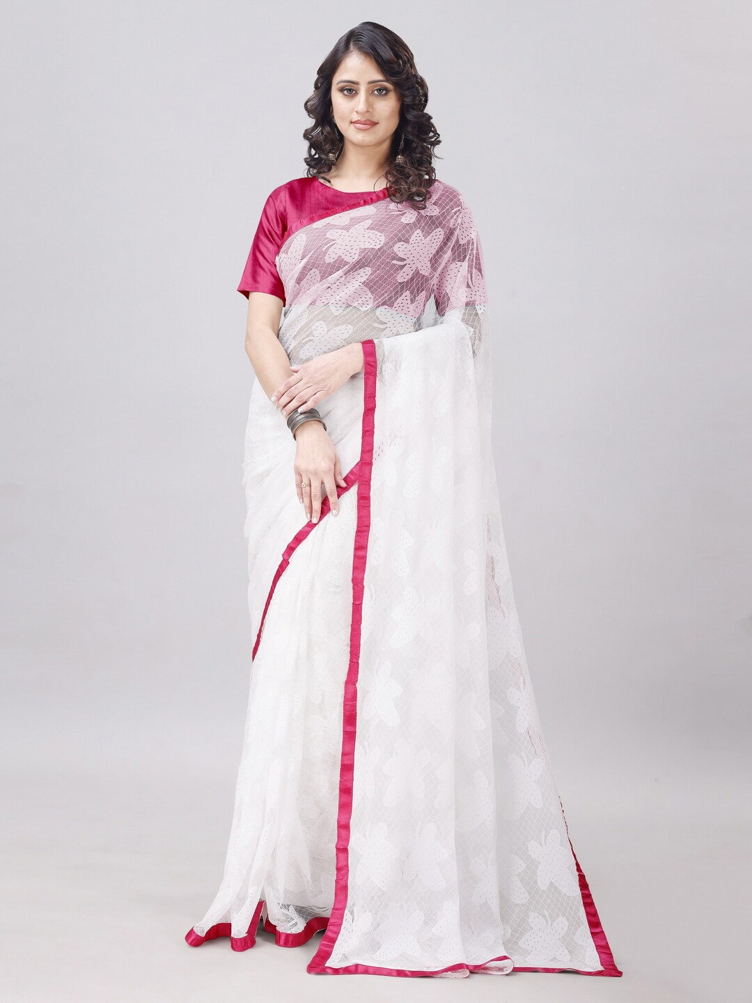 

vanraj creation Floral Embellished Net Party Sarees, Pink
