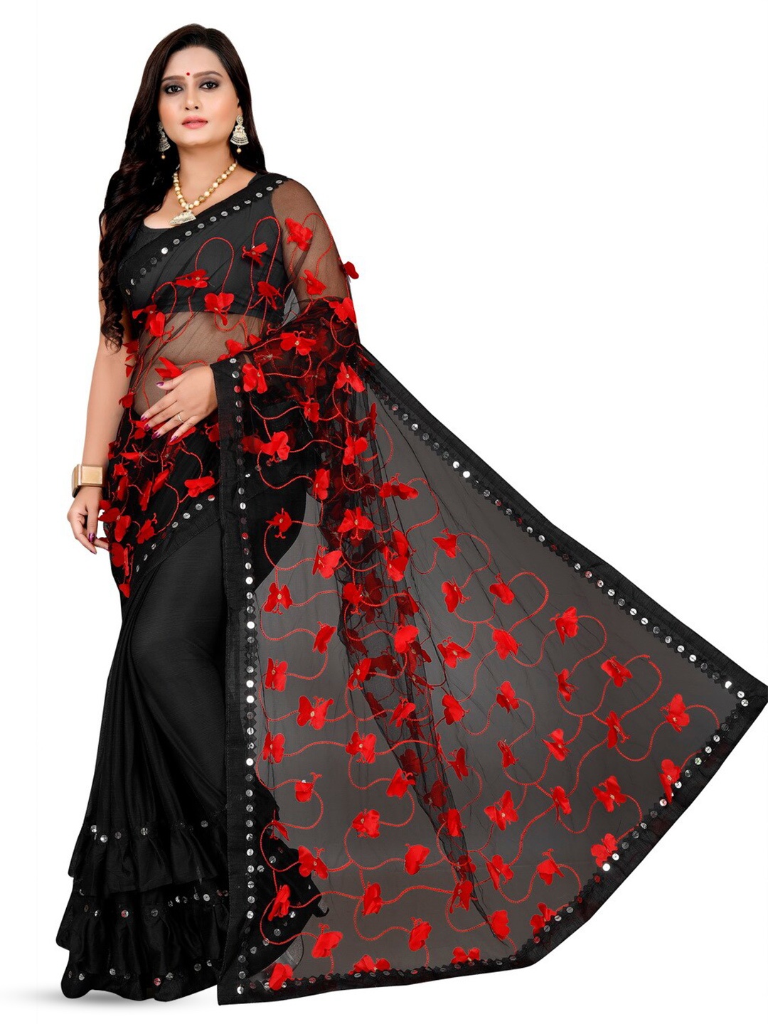 

vanraj creation Butterfly Embroidered Net Sarees, Black