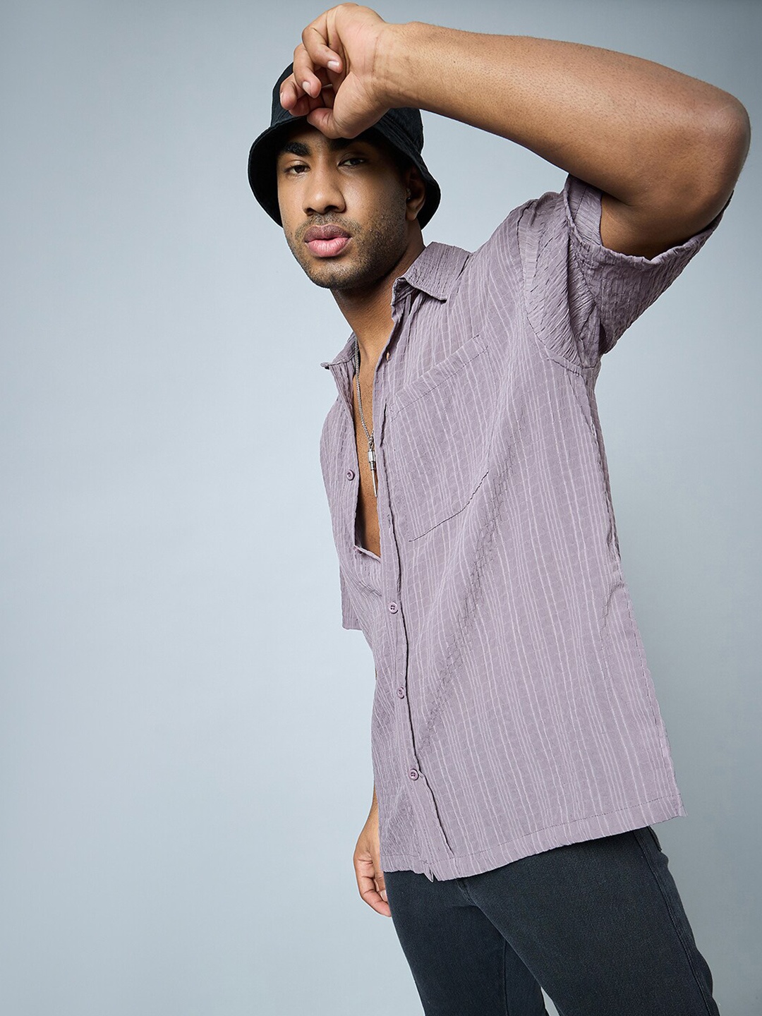 

CHIMPAAANZEE Striped Spread Collar Oversized Casual Shirt, Mauve