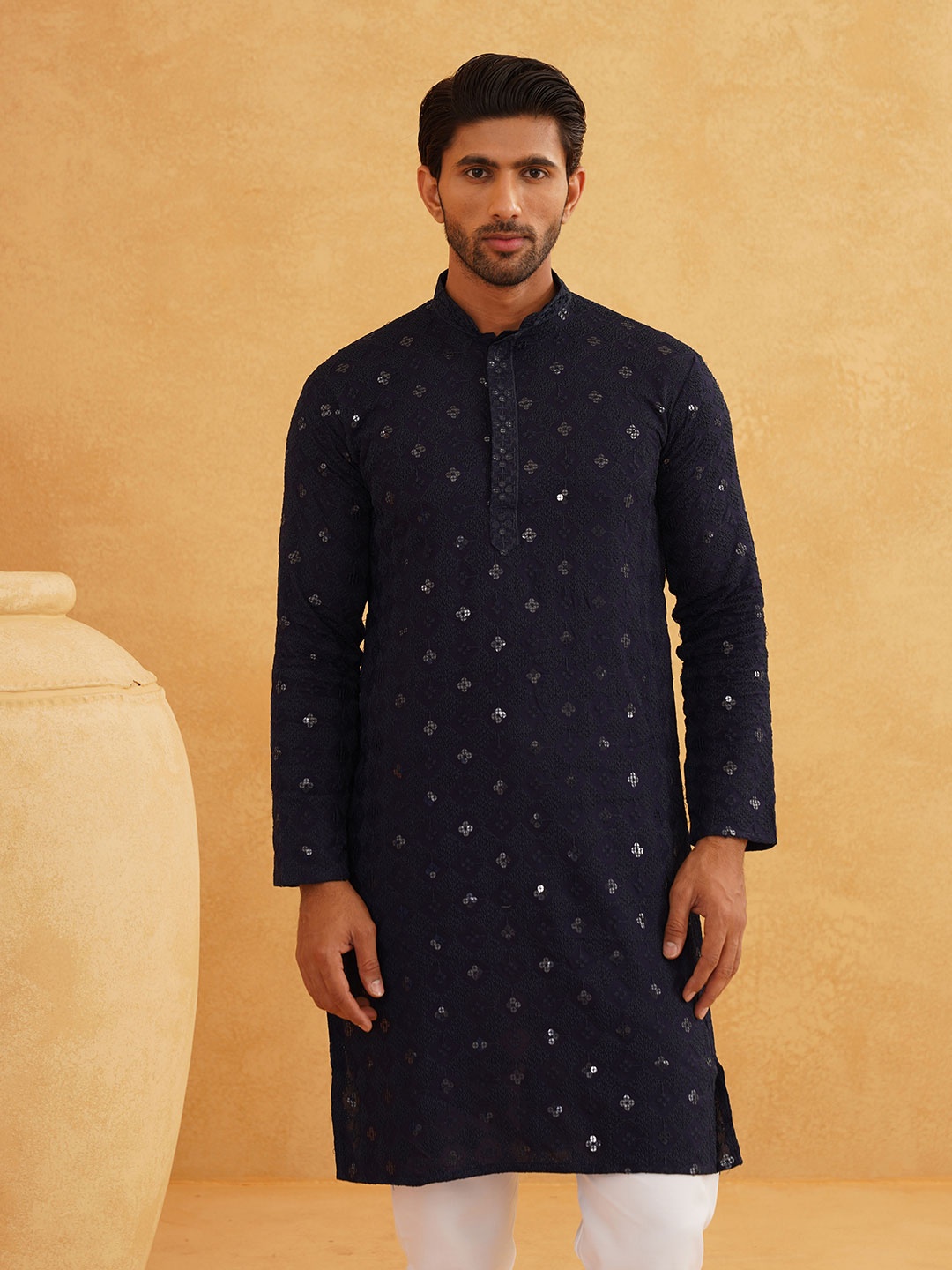 

SOJANYA Embroidered Mandarin Collar Long Sleeves Straight Kurta, Navy blue