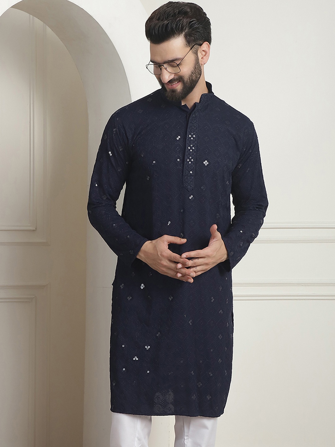 

SOJANYA Embroidered Mandarin Collar Long Sleeves Straight Kurta, Navy blue