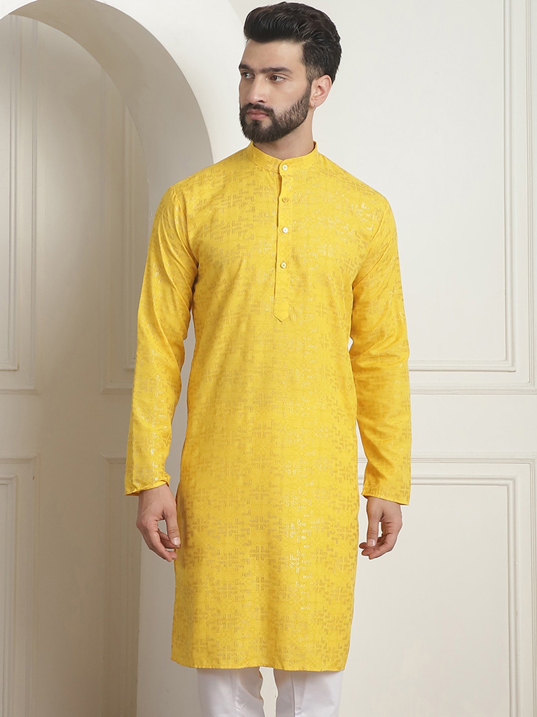 

SOJANYA Printed Mandarin Collar Long Sleeves Straight Kurta, Mustard