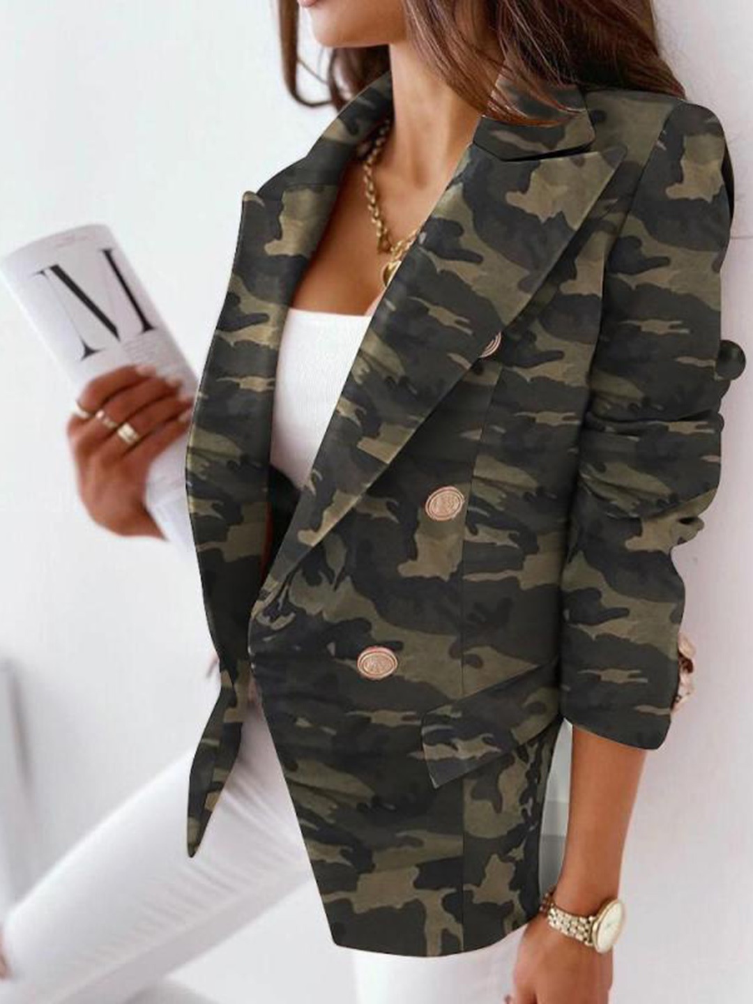 

StyleCast Olive Green Printed Notched Lapel Collar Double-Breasted Casual Blazers