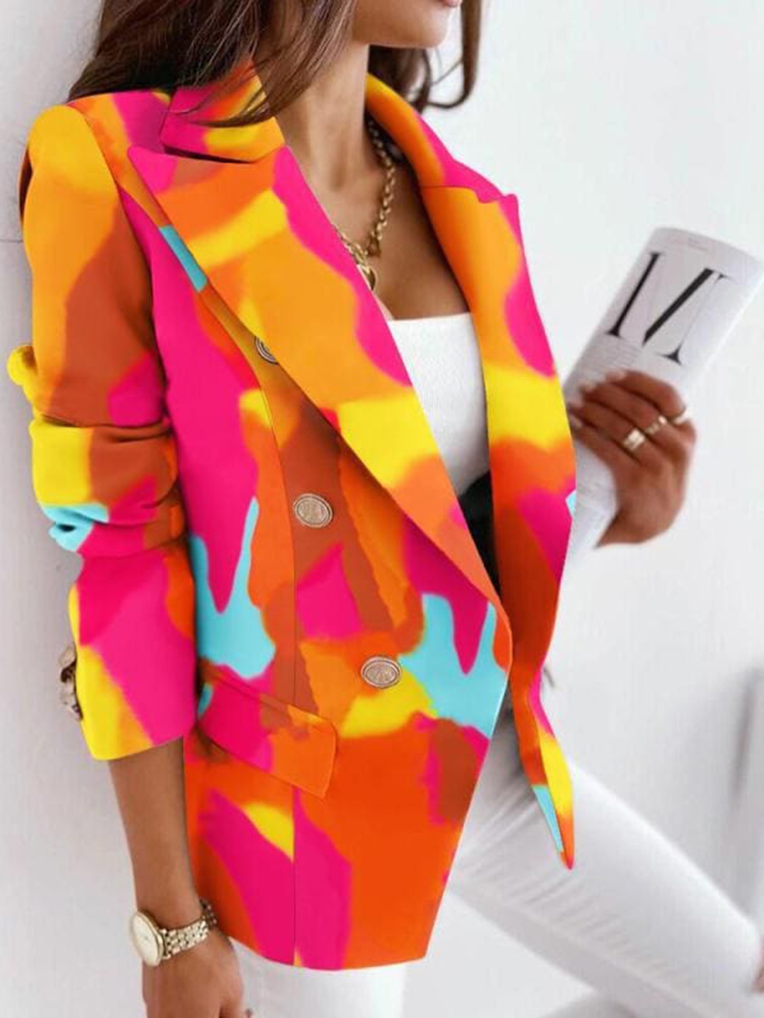 

StyleCast Pink Printed Notched Lapel Collar Double-Breasted Blazers