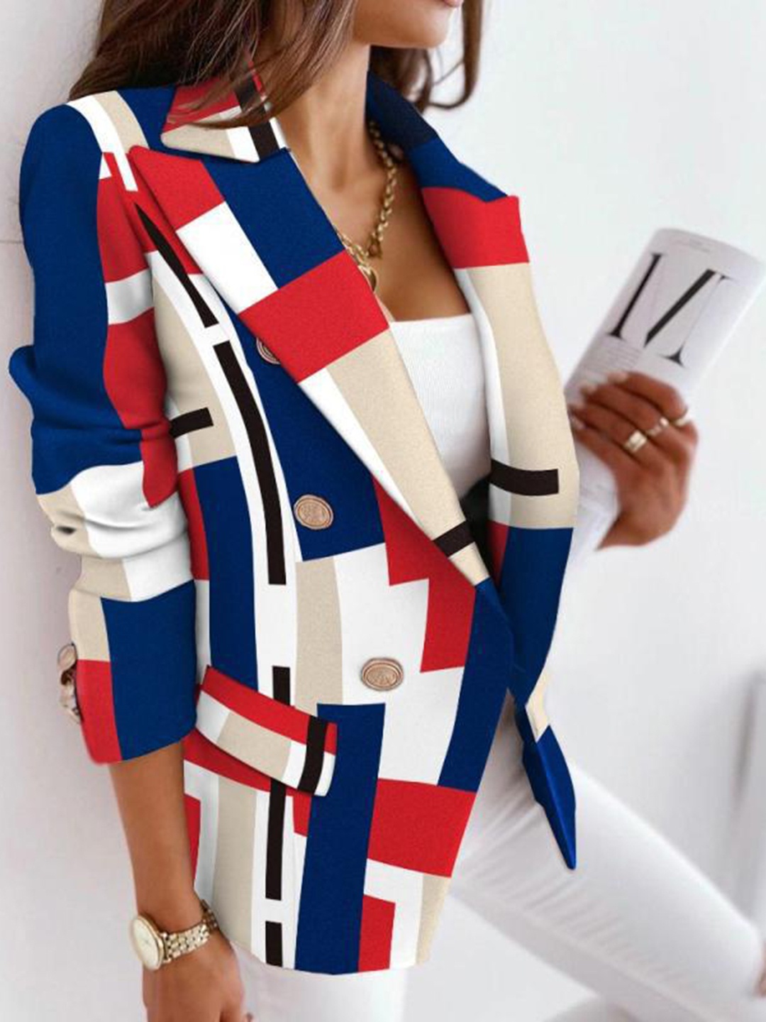 

StyleCast Navy Blue Printed Notched Lapel Collar Double-Breasted Blazers