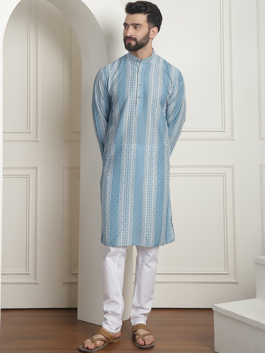 

SOJANYA Striped Straight Mandarin Collar Kurta with Churidar, Teal