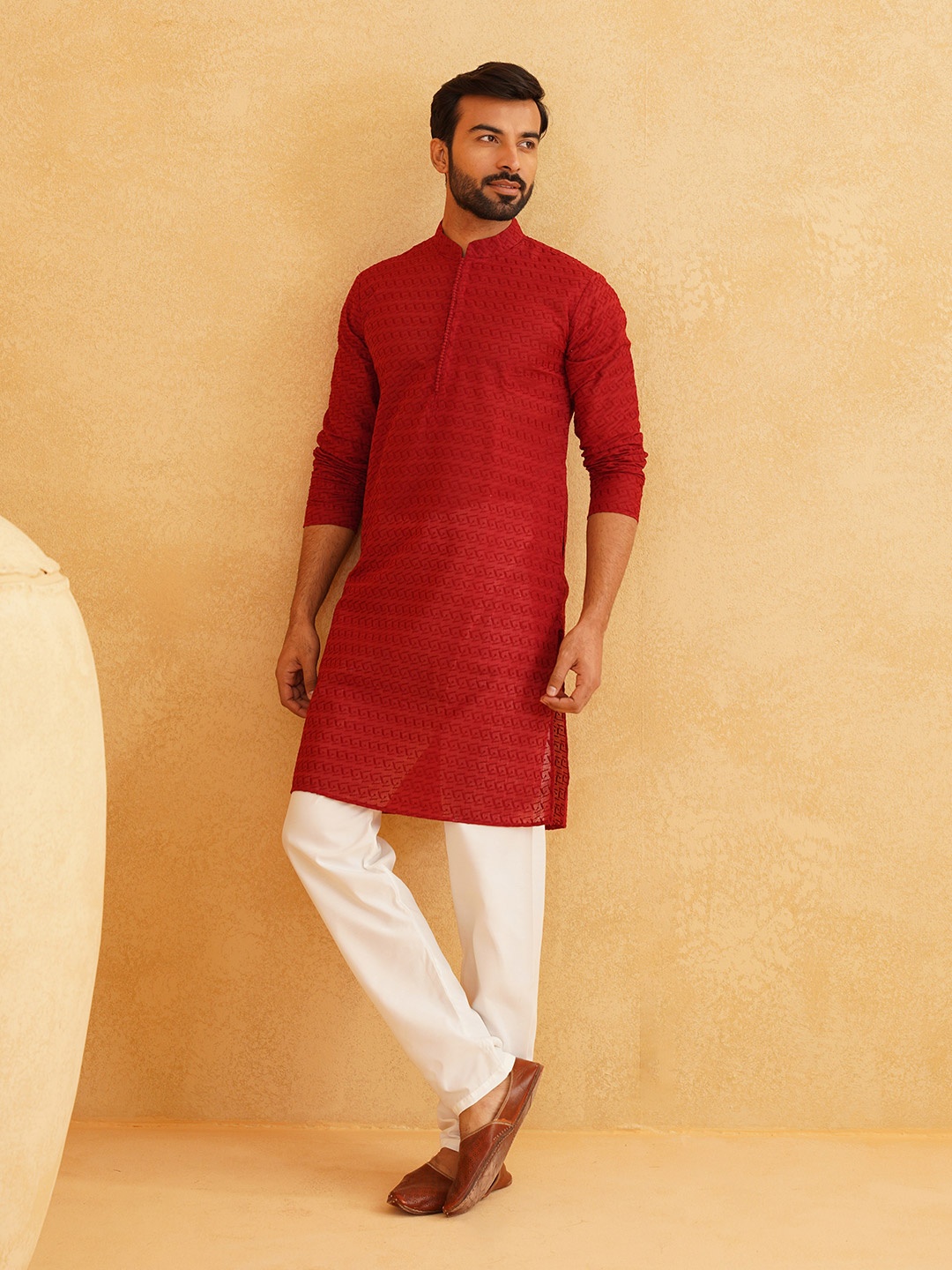 

SOJANYA Embroidered Thread Work Pure Cotton Kurta with Churidar, Maroon