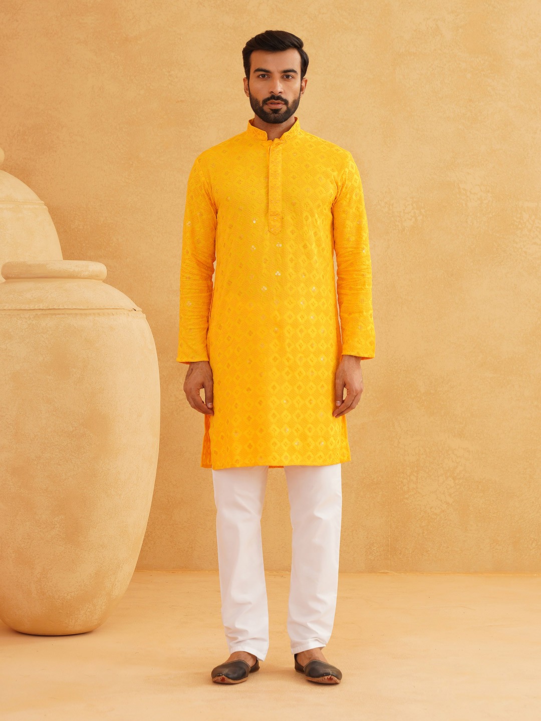 

SOJANYA Men Embroidered Regular Thread Work Pure Cotton Kurta with Churidar, Yellow