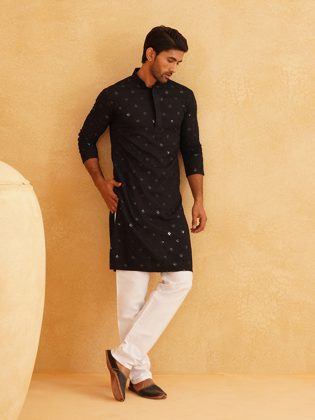 

SOJANYA Embroidered Sequinned Pure Cotton Kurta With Churidar, Black