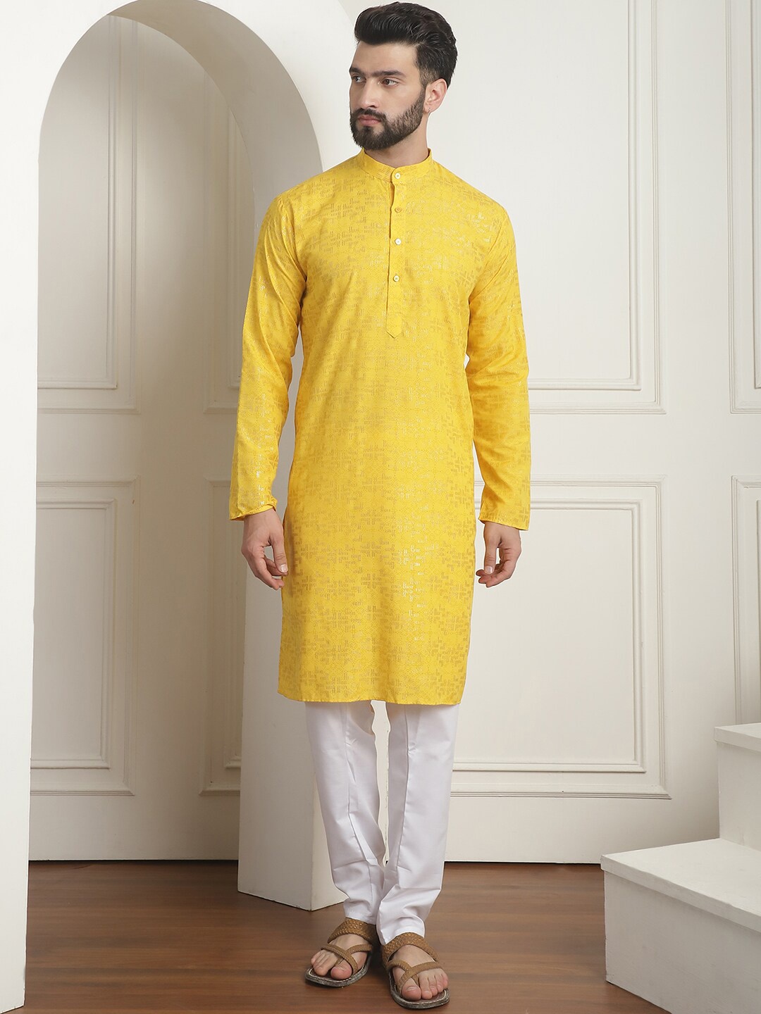 

SOJANYA Ethnic Motifs Printed Straight Pure Cotton Kurta with Churidar, Mustard
