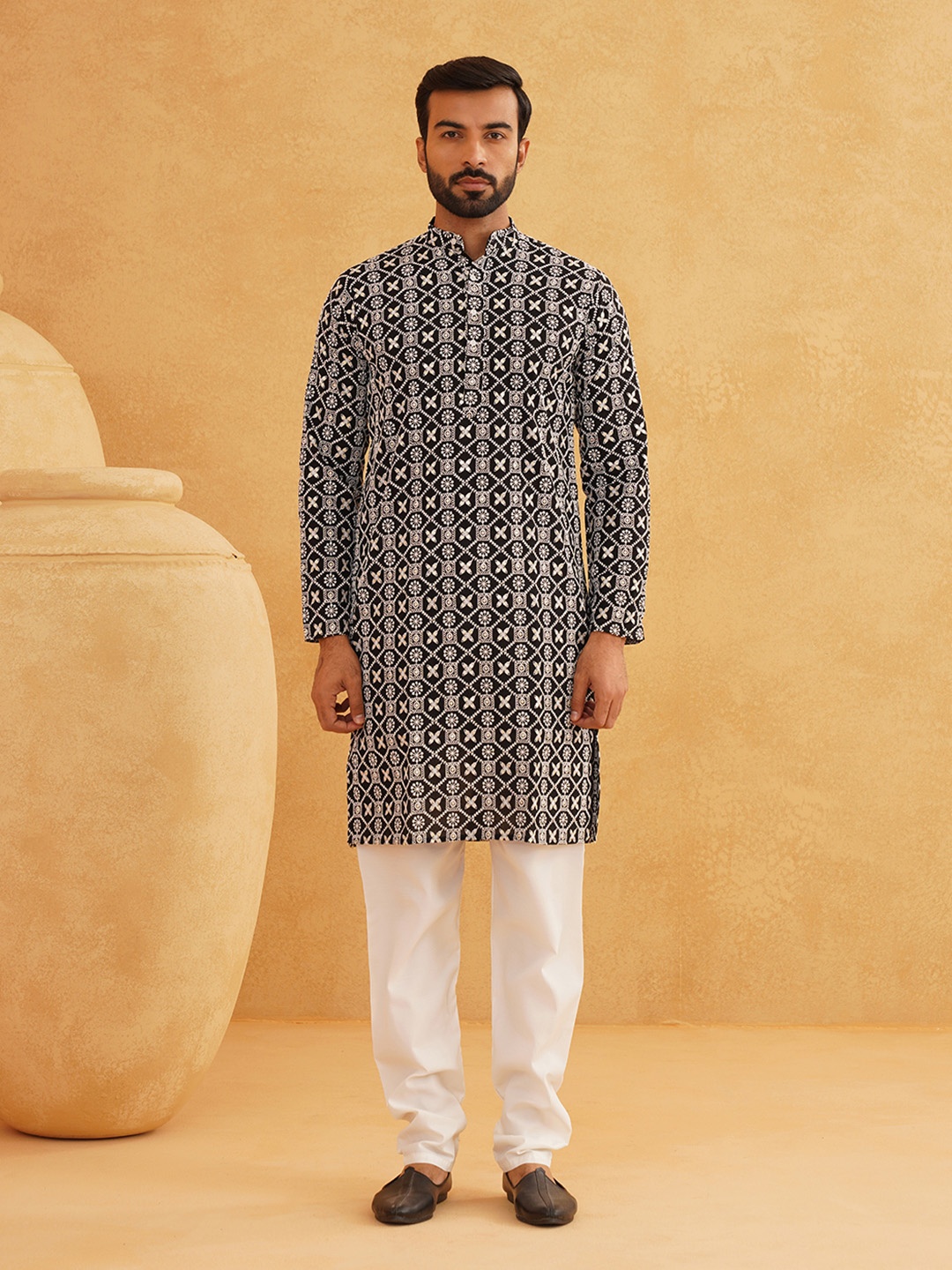 

SOJANYA Ethnic Motifs Embroidered Pure Cotton Kurta with Churidar, Black