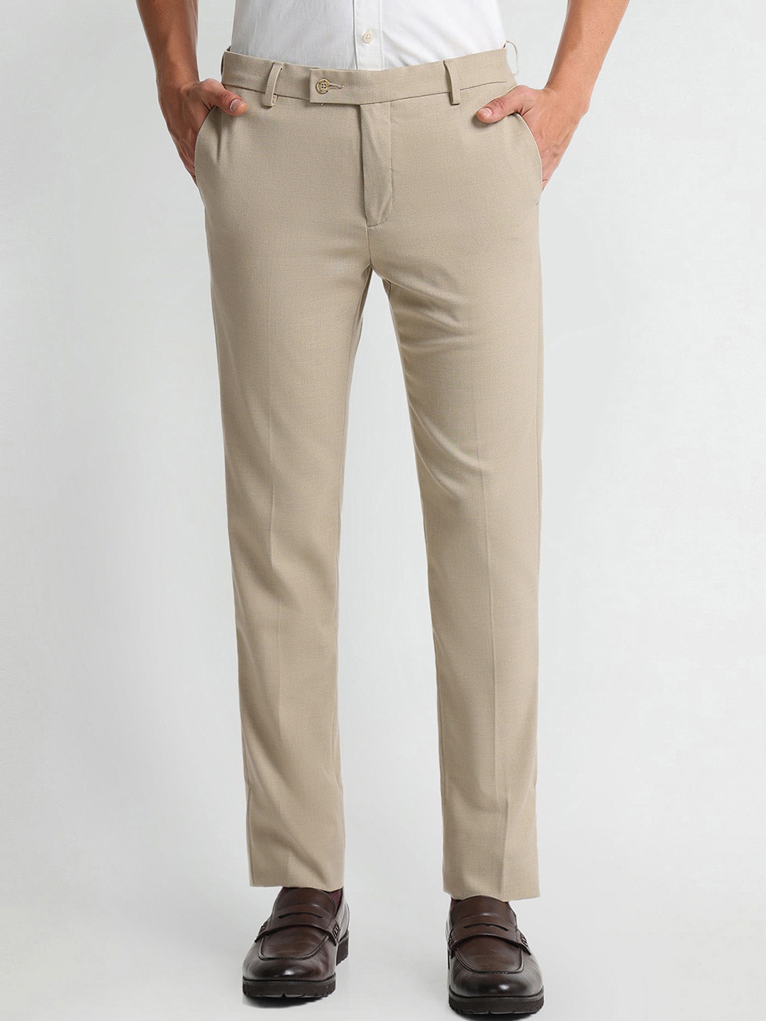 

Arrow Slim Fit Mid-Rise Formal Trousers, Beige