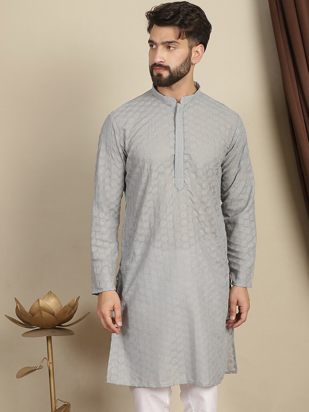 

Anouk Grey Ethnic Motifs Embroidered Mandarin Collar Long Sleeves Cotton Thread Work Kurta