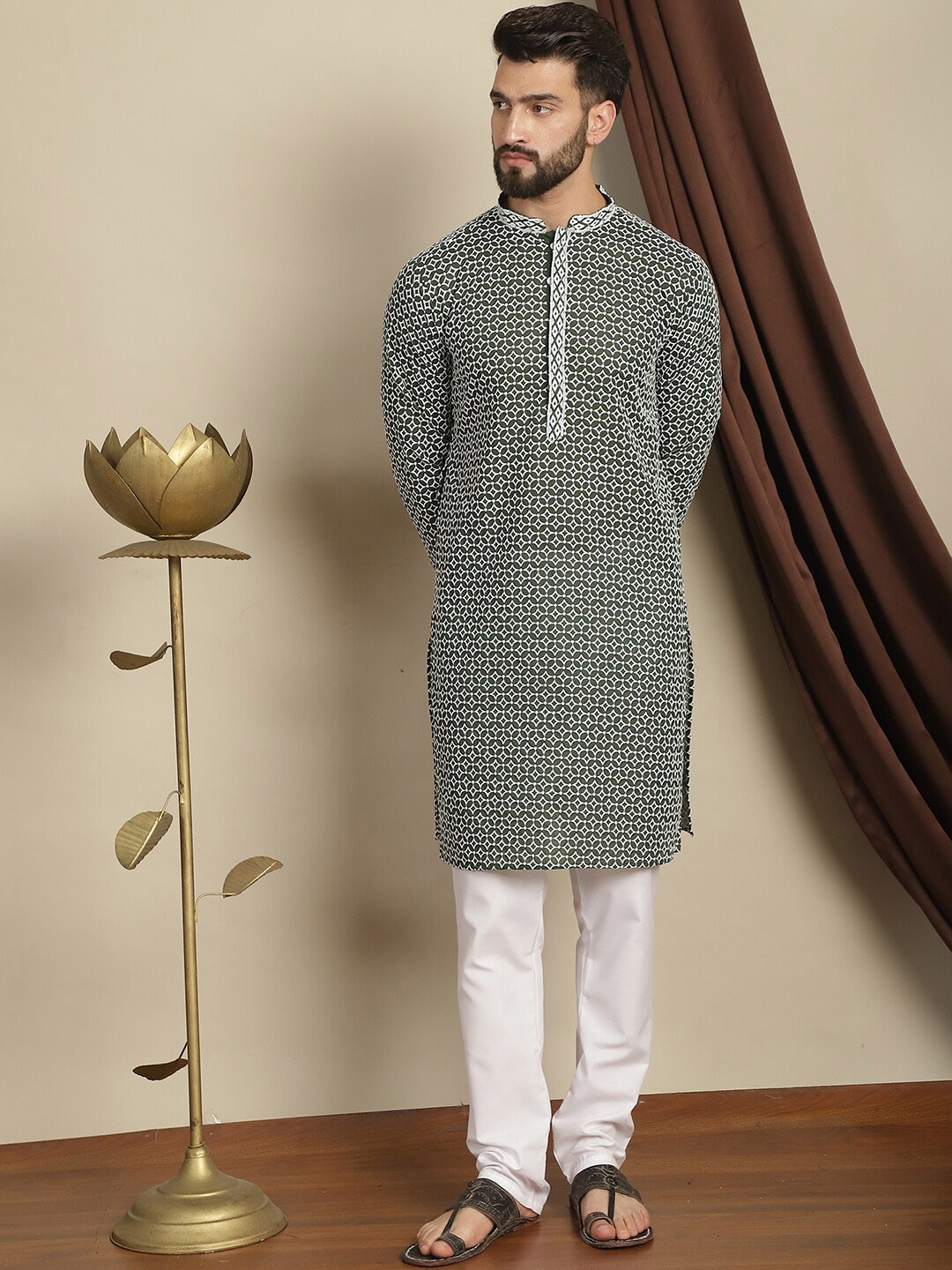 

Anouk Green Ethnic Motifs Embroidered Mandarin Collar Pure Cotton Kurta with Churidar