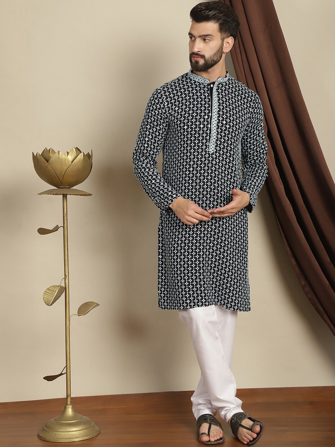 

Anouk Embroidered Pure Cotton Straight Kurta with Churidar, Black