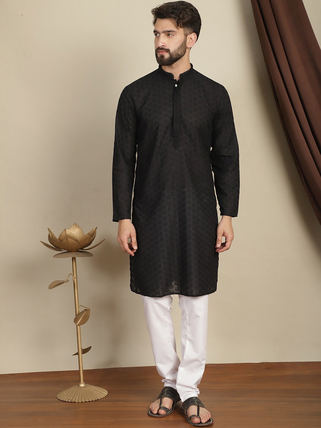 

Anouk Ethnic Motifs Embroidered Pure Cotton Kurta With Churidar, Black