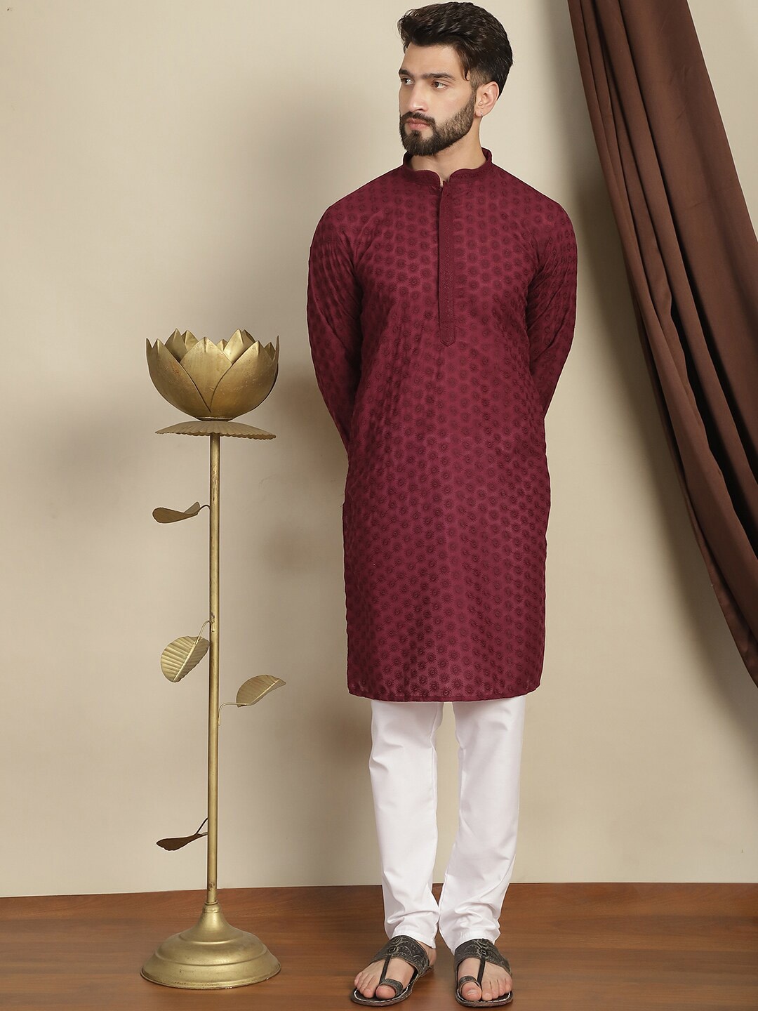 

Anouk Purple Floral Embroidered Thread Work Pure Cotton Kurta With Churidar