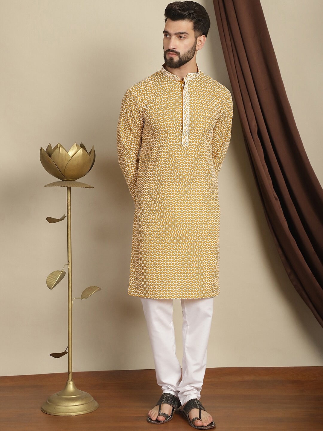 

Anouk Mustard Geometric Embroidered Regular Thread Work Pure Cotton Kurta with Churidar