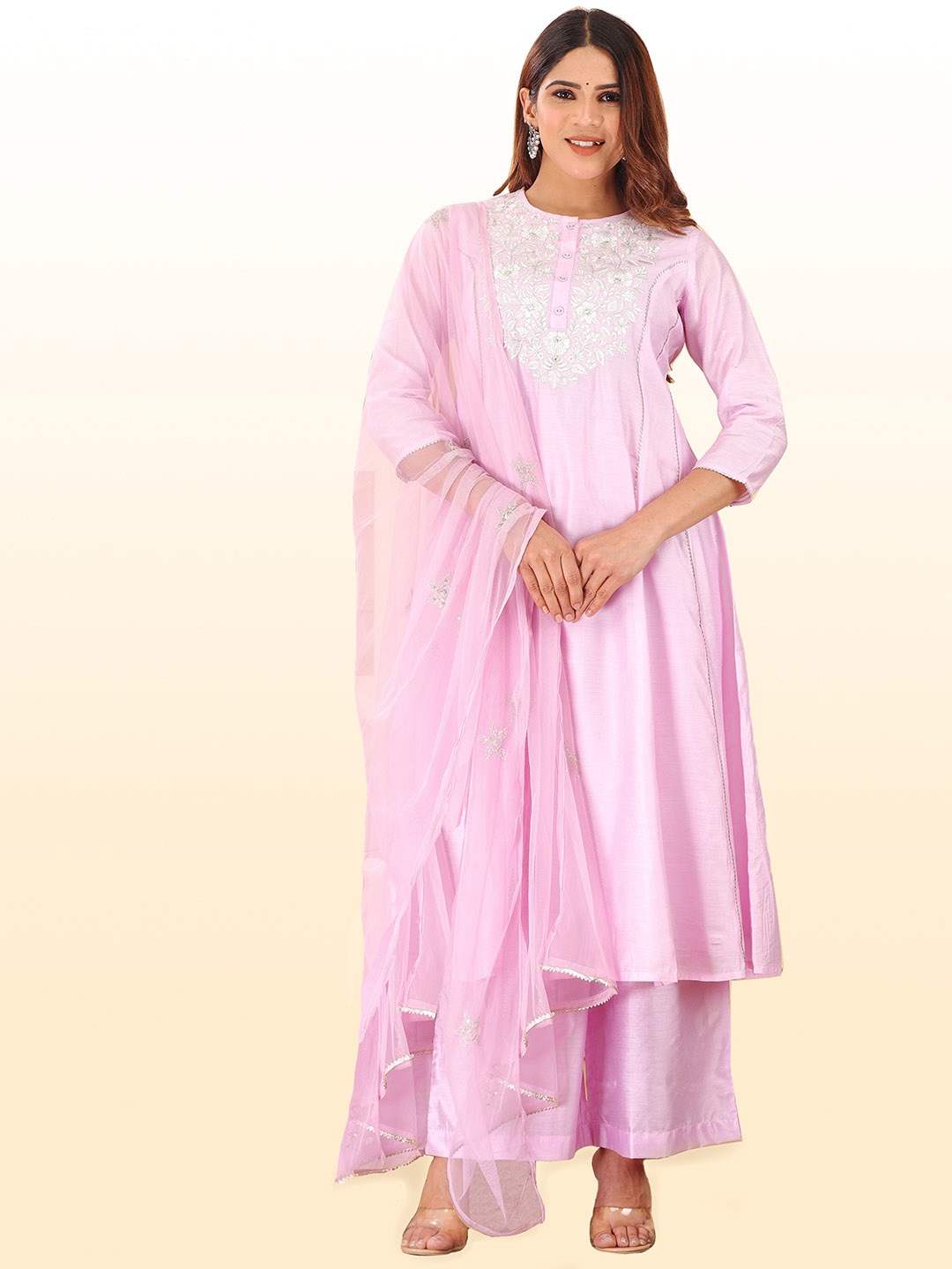 

HERE&NOW Yoke Design Panelled Thread Work Kurta with Palazzos & Dupatta, Lavender