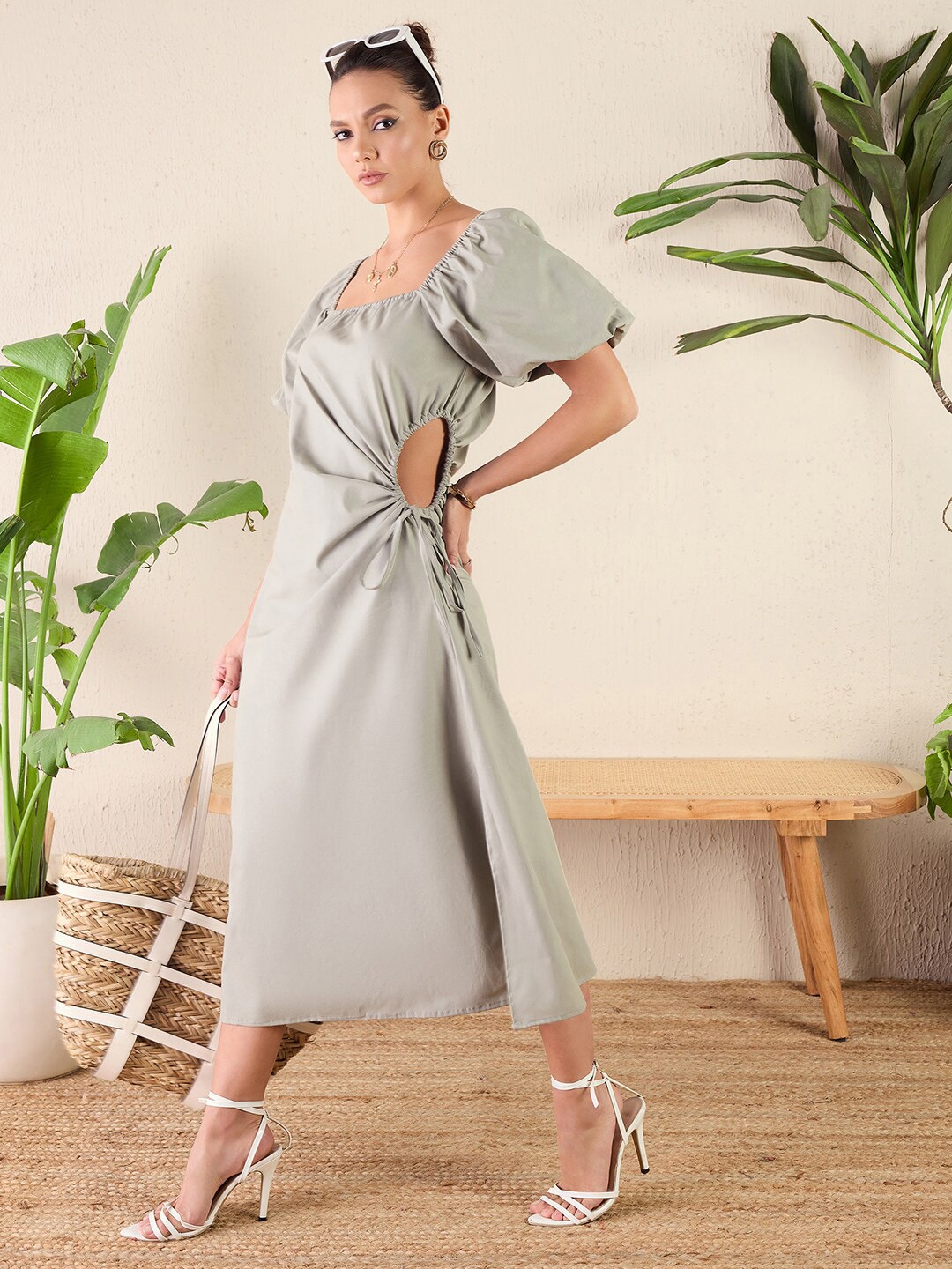 

Uptownie Puff Sleeve Cotton Side Cut-Out Midi Dress, Grey