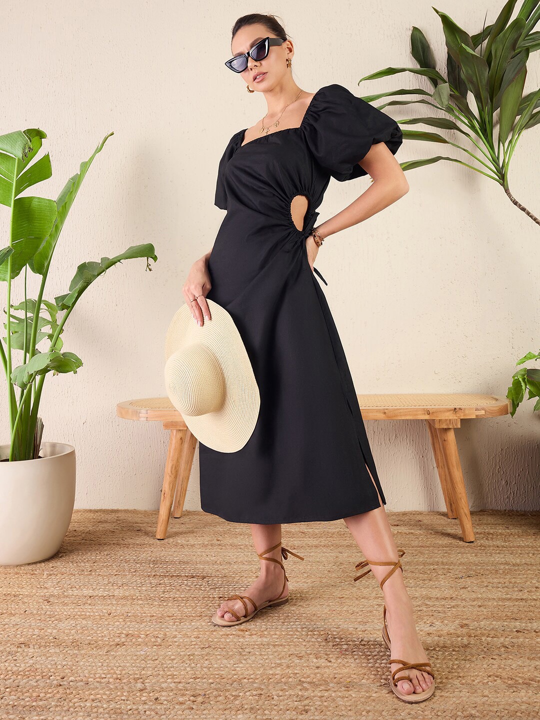 

Uptownie Puff Sleeve Cotton Side Cut-Out Midi Dress, Black