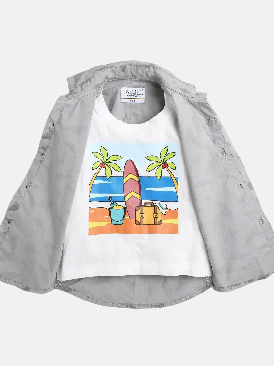 

Polka Tots Infant Boys Graphic Printed Cotton Casual Shirt With Attached T-shirt, Grey