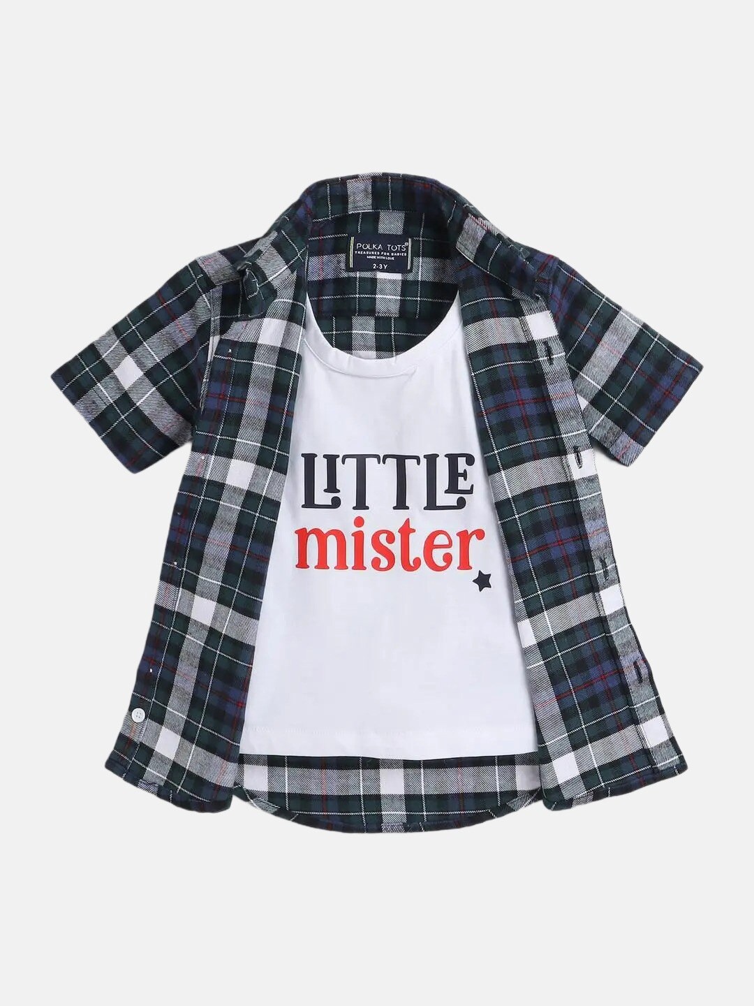 

Polka Tots Infant Boys Tartan Checked Casual Cotton Shirt With Attached T-Shirt, Blue