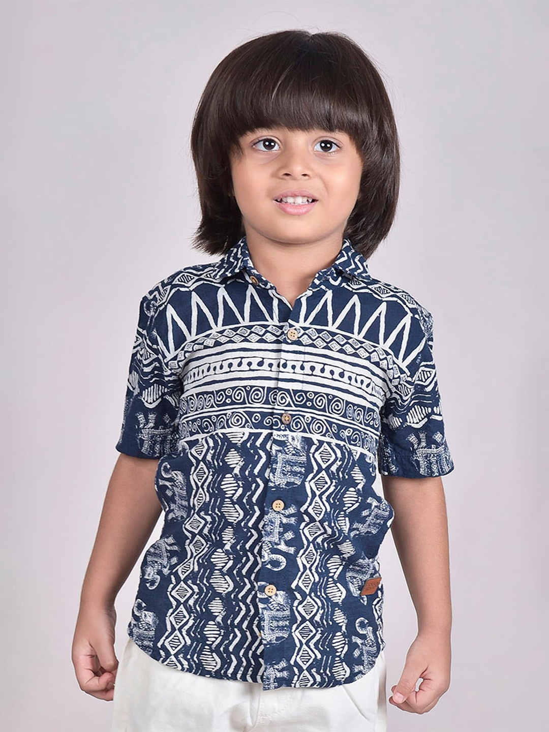 

Polka Tots Infant Boys Geometric Printed Cotton Casual Shirt, Navy blue