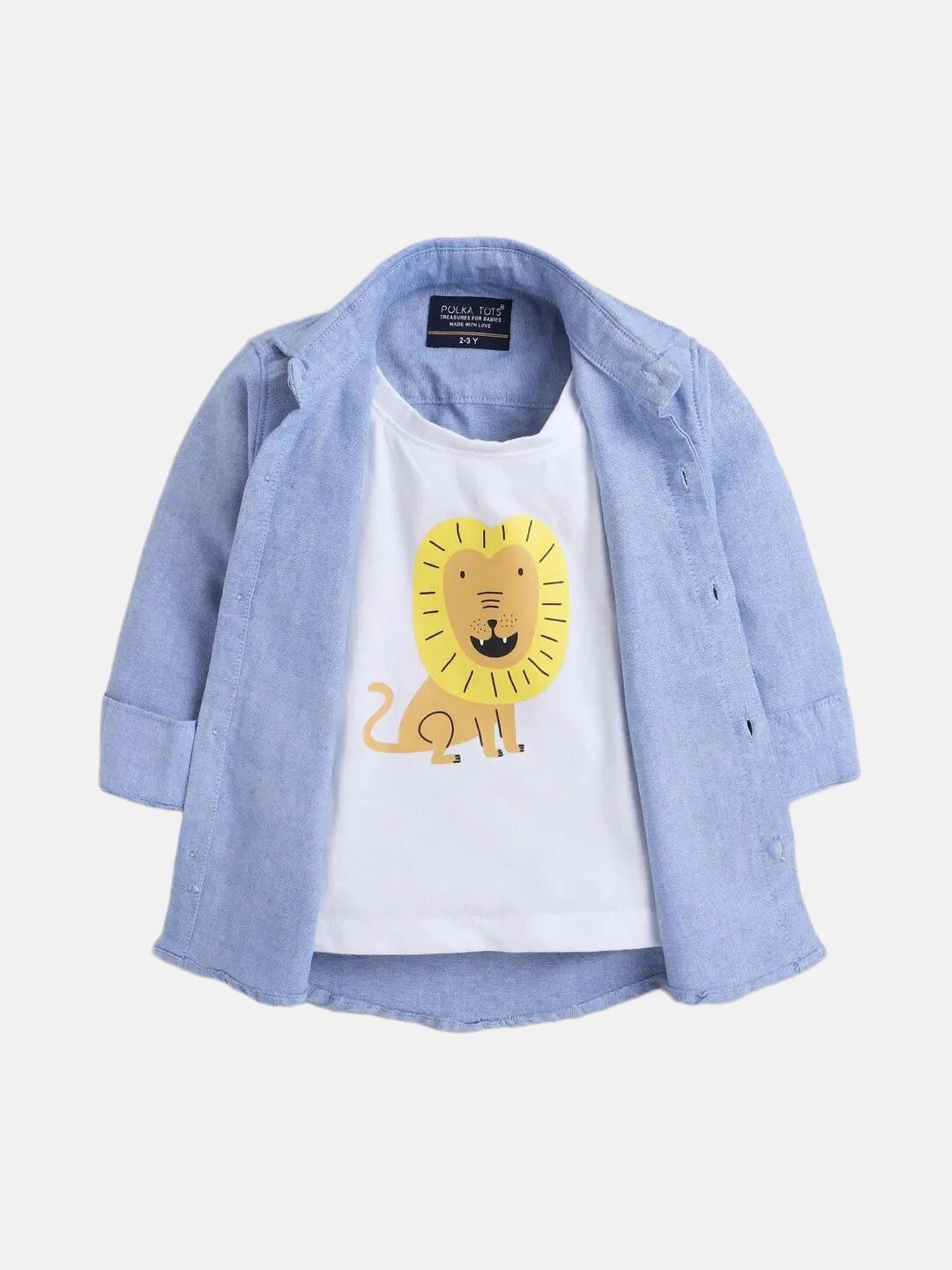 

Polka Tots Boys Graphic Printed Opaque Cotton Casual Shirt With Attached Tee, Blue
