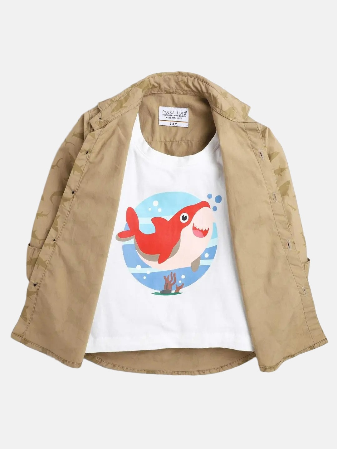 

Polka Tots Boys Opaque Conversational Printed Cotton Casual Shirt With Attached Tee, Brown