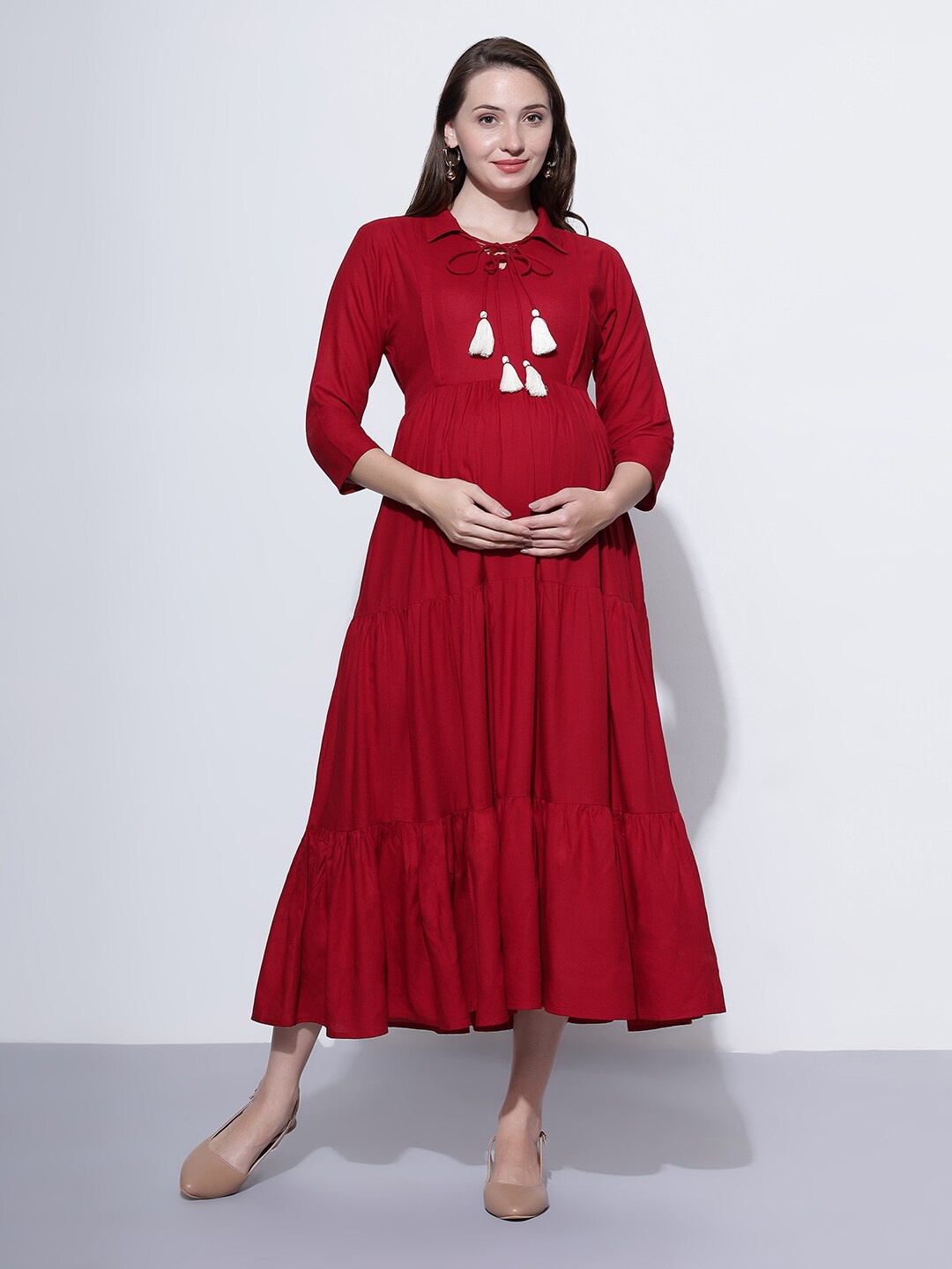 

Aanyor Tie-Up Neck Gathered Tiered Maternity Fit & Flare Midi Dress, Red